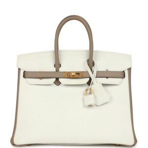 Hermès Birkin 25 in White and Etoupe Clemence Leather with Brushed Gold Hardware