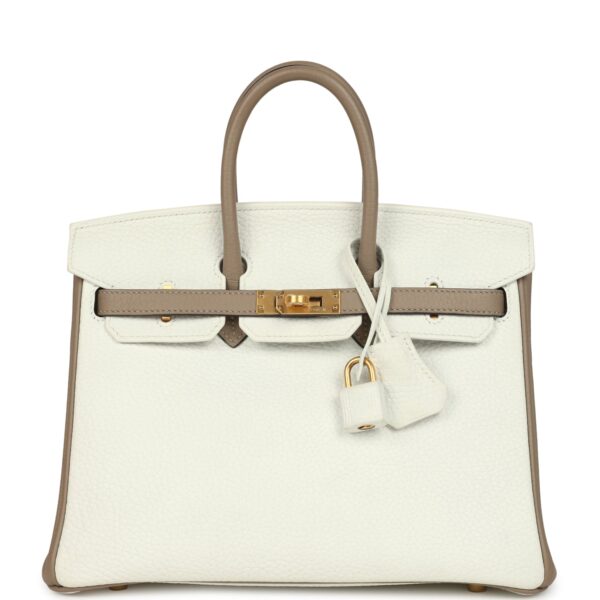H-B-251229-7-01 Hermès Birkin 25 in White and Etoupe Clemence Leather with Brushed Gold Hardware