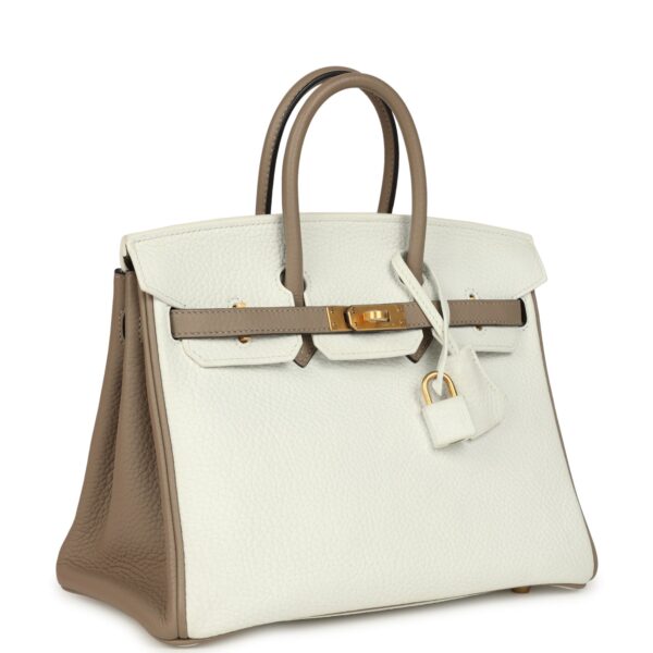 H-B-251229-7-02 Hermès Birkin 25 in White and Etoupe Clemence Leather with Brushed Gold Hardware