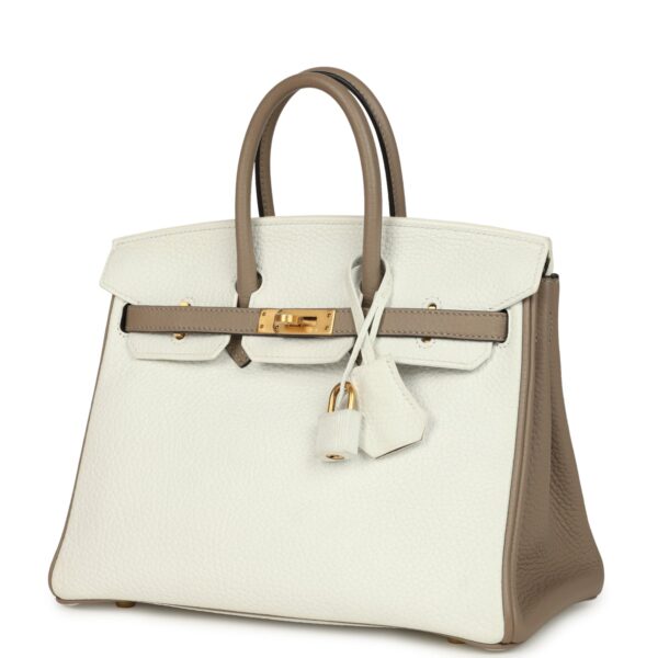 H-B-251229-7-03 Hermès Birkin 25 in White and Etoupe Clemence Leather with Brushed Gold Hardware