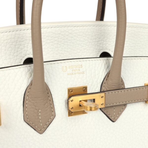 H-B-251229-7-08 Hermès Birkin 25 in White and Etoupe Clemence Leather with Brushed Gold Hardware