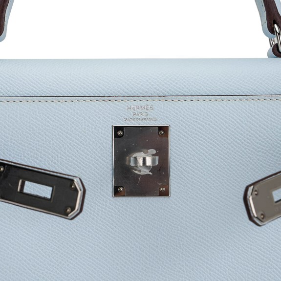 Hermes Kelly Sellier 28 Bag Blue Brume Epsom Leather with Palladium Hardware