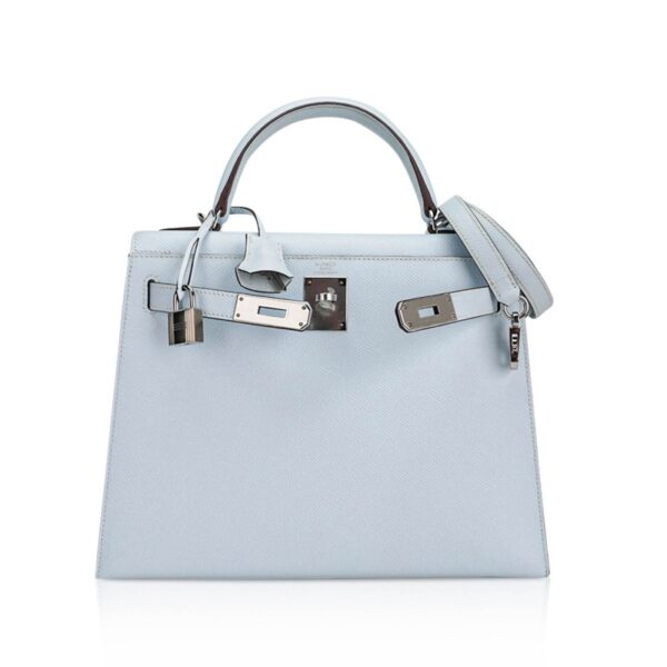 Hermes Kelly Sellier 28 Bag Blue Brume Epsom Leather with Palladium Hardware
