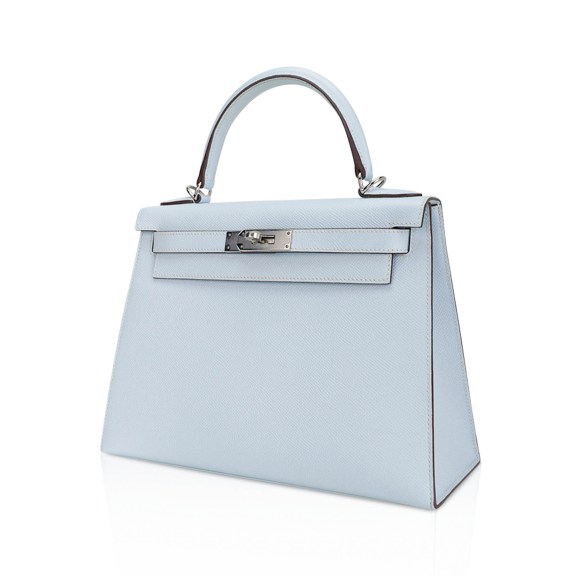 Hermes Kelly Sellier 28 Bag Blue Brume Epsom Leather with Palladium Hardware