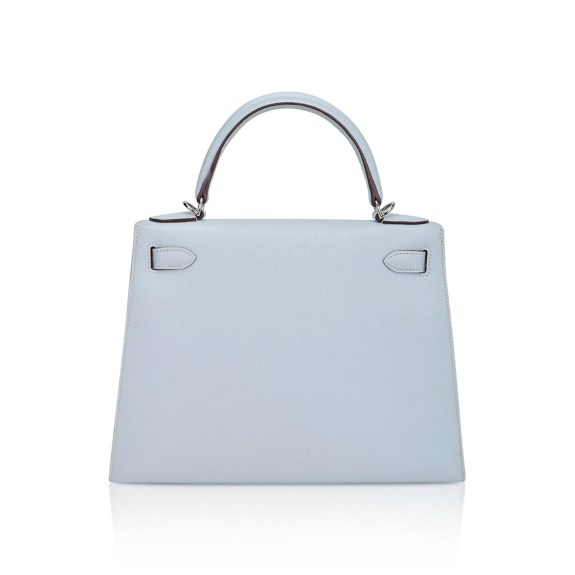 Hermes Kelly Sellier 28 Bag Blue Brume Epsom Leather with Palladium Hardware