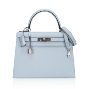 Hermes Kelly Sellier 28 Bag Blue Brume Epsom Leather with Palladium Hardware