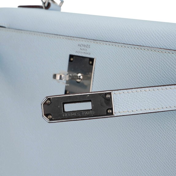 Hermes Kelly Sellier 28 Bag Blue Brume Epsom Leather with Palladium Hardware