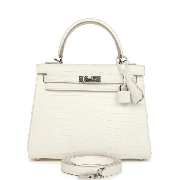 Hermès Kelly Retourne 25 Creme Chantilly Matte Crocodile Palladium Hardware