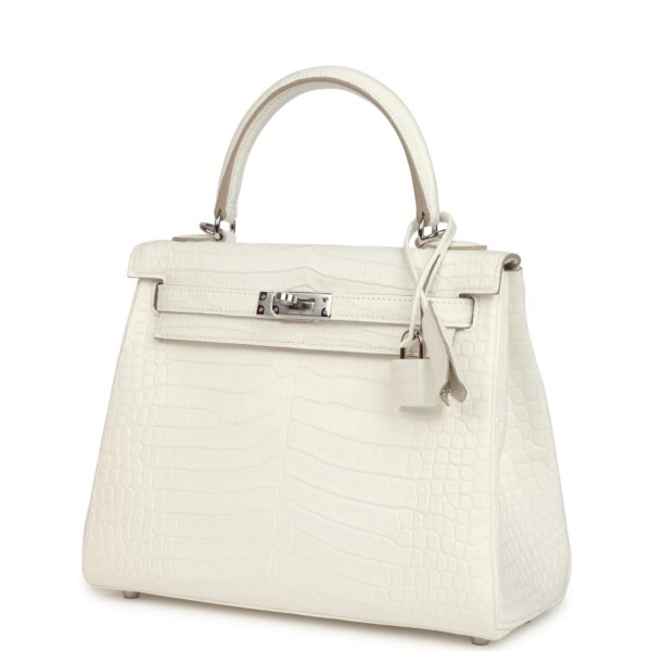 Hermès Kelly Retourne 25 Creme Chantilly Matte Crocodile Palladium Hardware