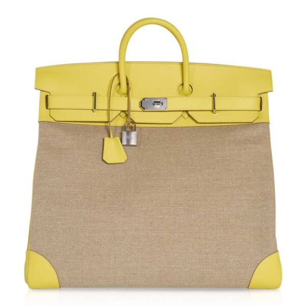 hermes-hac-50-lime-canvas-toile Hermes HAC Birkin 50 Bag Lime Evercolor & Ficelle Toile with Palladium Hardware