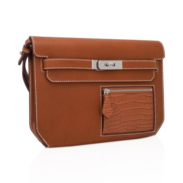 hermes-kelly-depeches-25-touch-p (1) Hermes Kelly Depeches Pouch 25 Bag Fauve Barenia Faubourg Leather and Gold Matte Alligator with Palladium Hardware