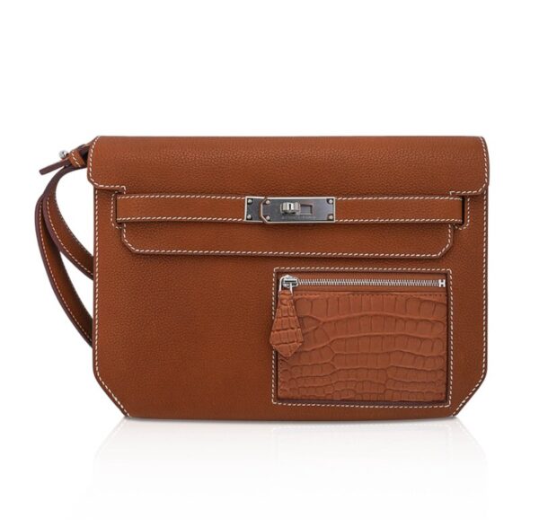 hermes-kelly-depeches-25-touch-p Hermes Kelly Depeches Pouch 25 Bag Fauve Barenia Faubourg Leather and Gold Matte Alligator with Palladium Hardware