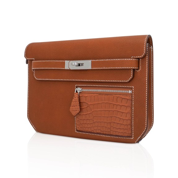 shop-authentic-new-hermes-bags-o Hermes Kelly Depeches Pouch 25 Bag Fauve Barenia Faubourg Leather and Gold Matte Alligator with Palladium Hardware